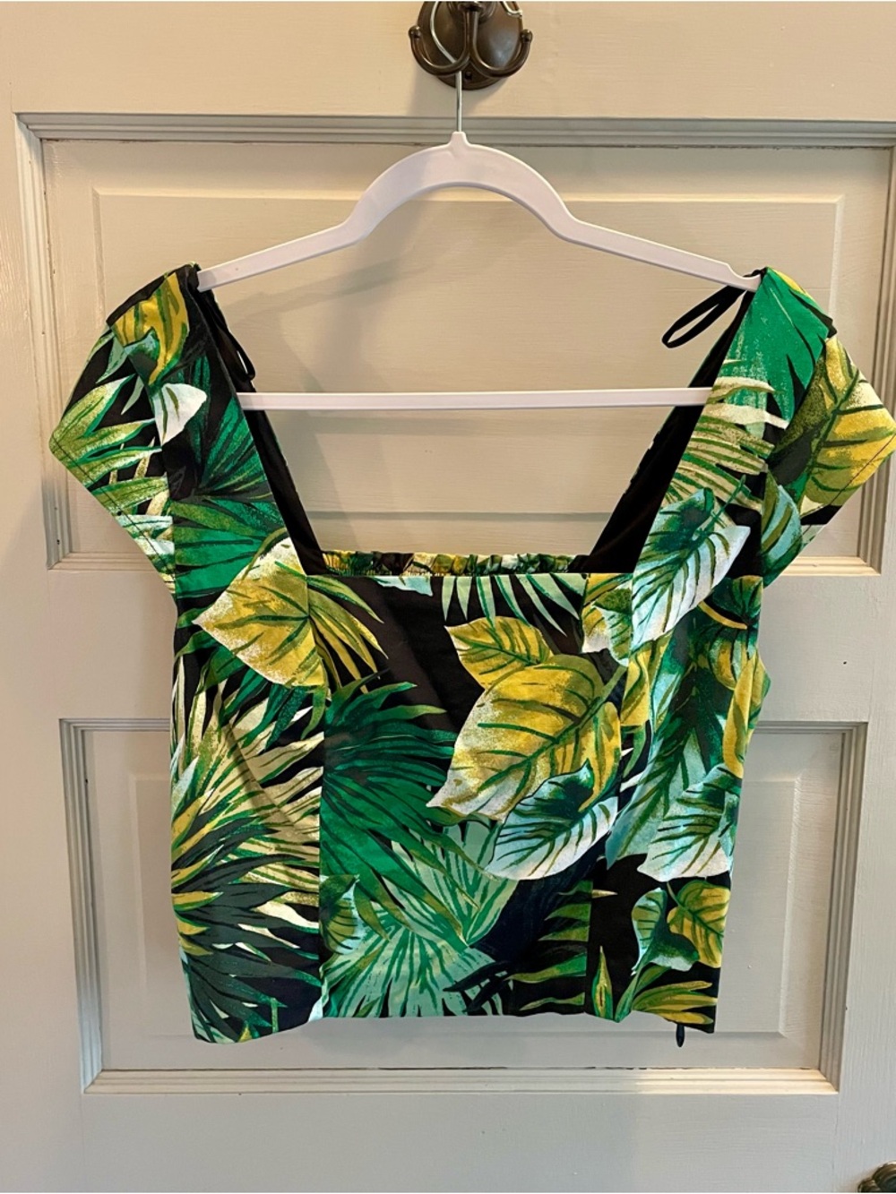 Tropical Leaf Print Square Neck Women’s Top - Black & Green